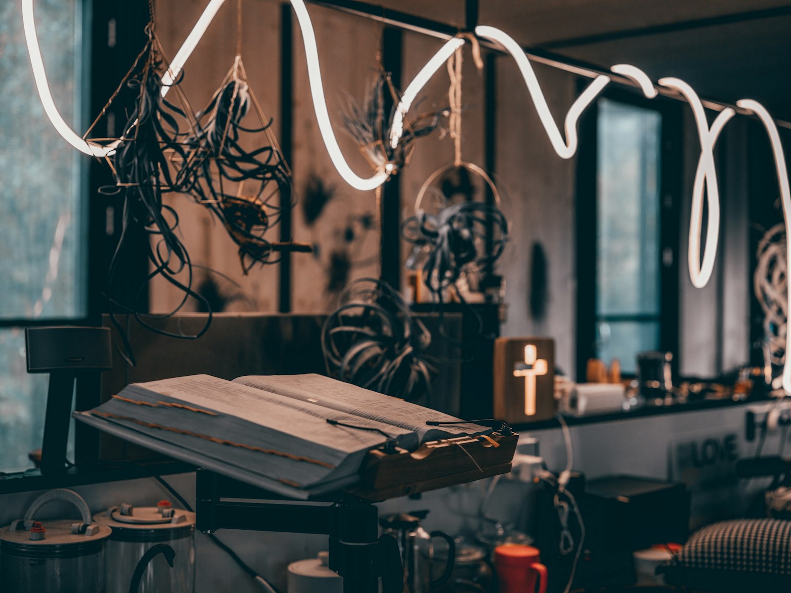 a room with a desk and a mirror