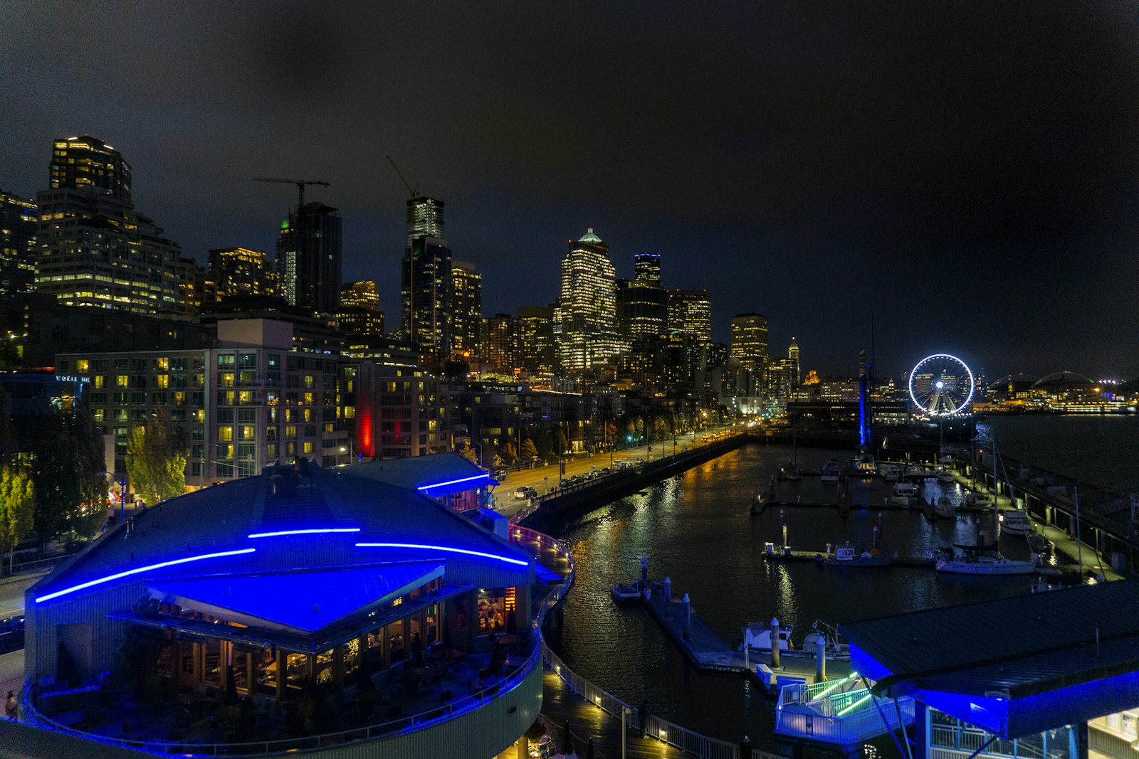 lighted buildings at night